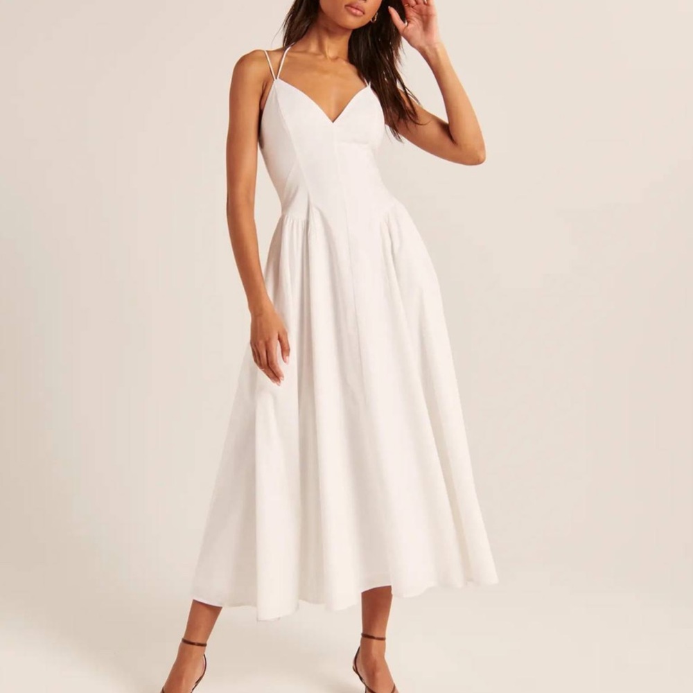 Abercrombie and Fitch Strappy Plunge Corset Maxi Dress in White Viral Summer
